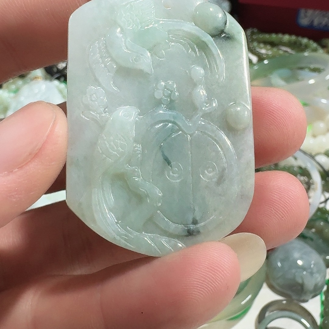 青***～翡翠未镶嵌颈饰花鸟牌5754