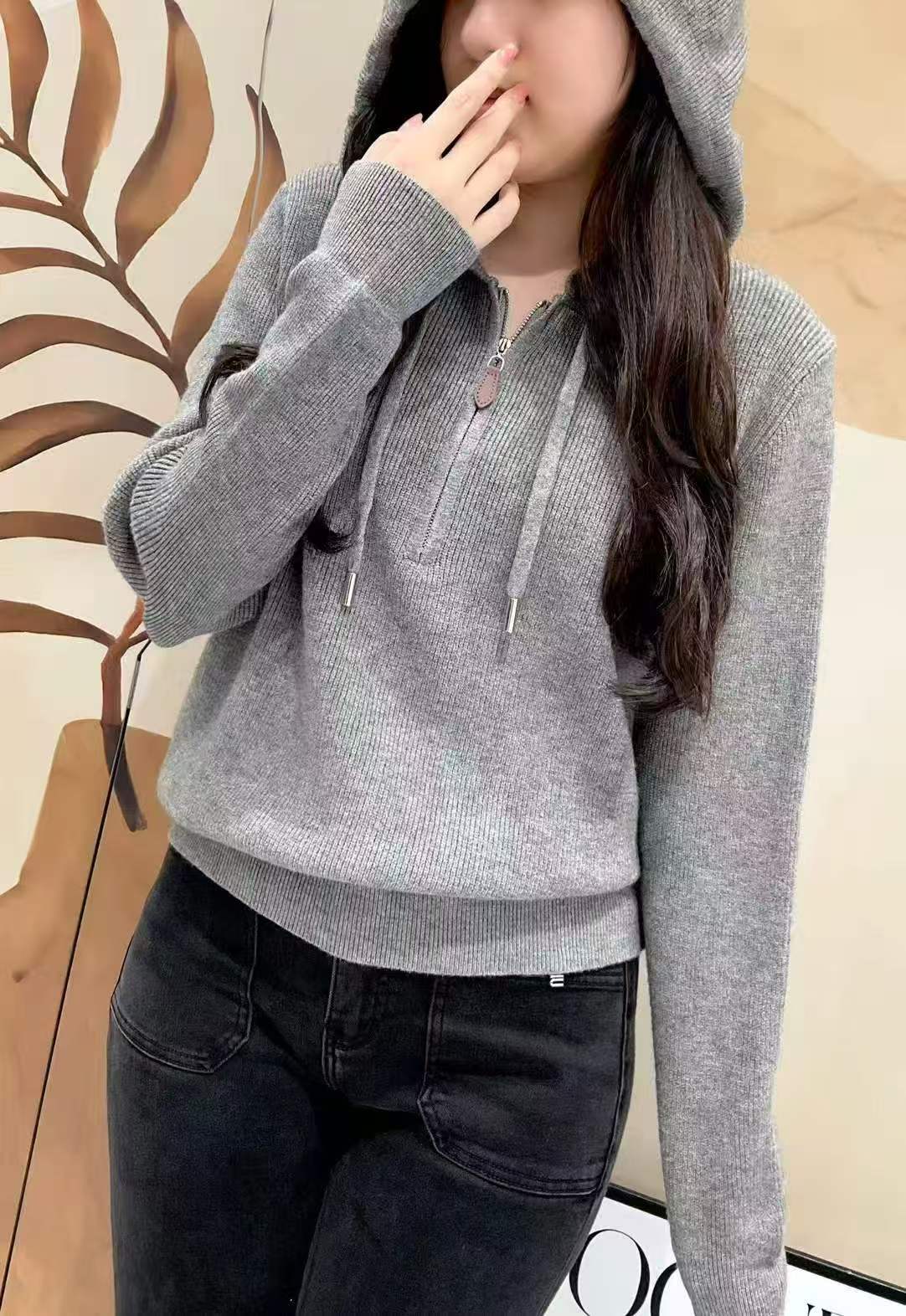 【阿婷家】25136新款修身显瘦百搭连帽针织拉链毛衣