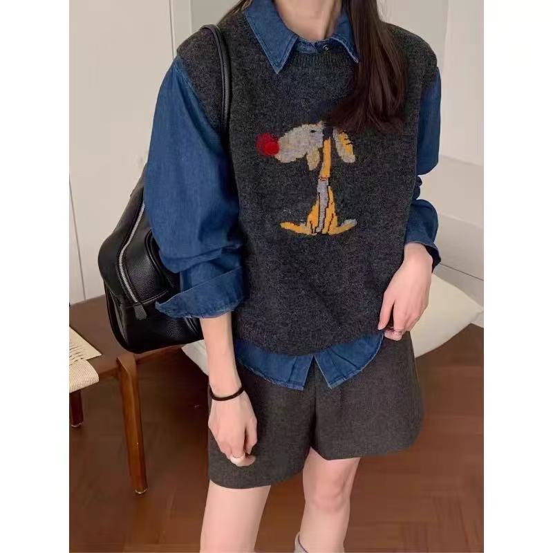 6385灰色卡通小熊套头毛衣马甲背心女秋冬季慵懒风叠穿无袖针织衫