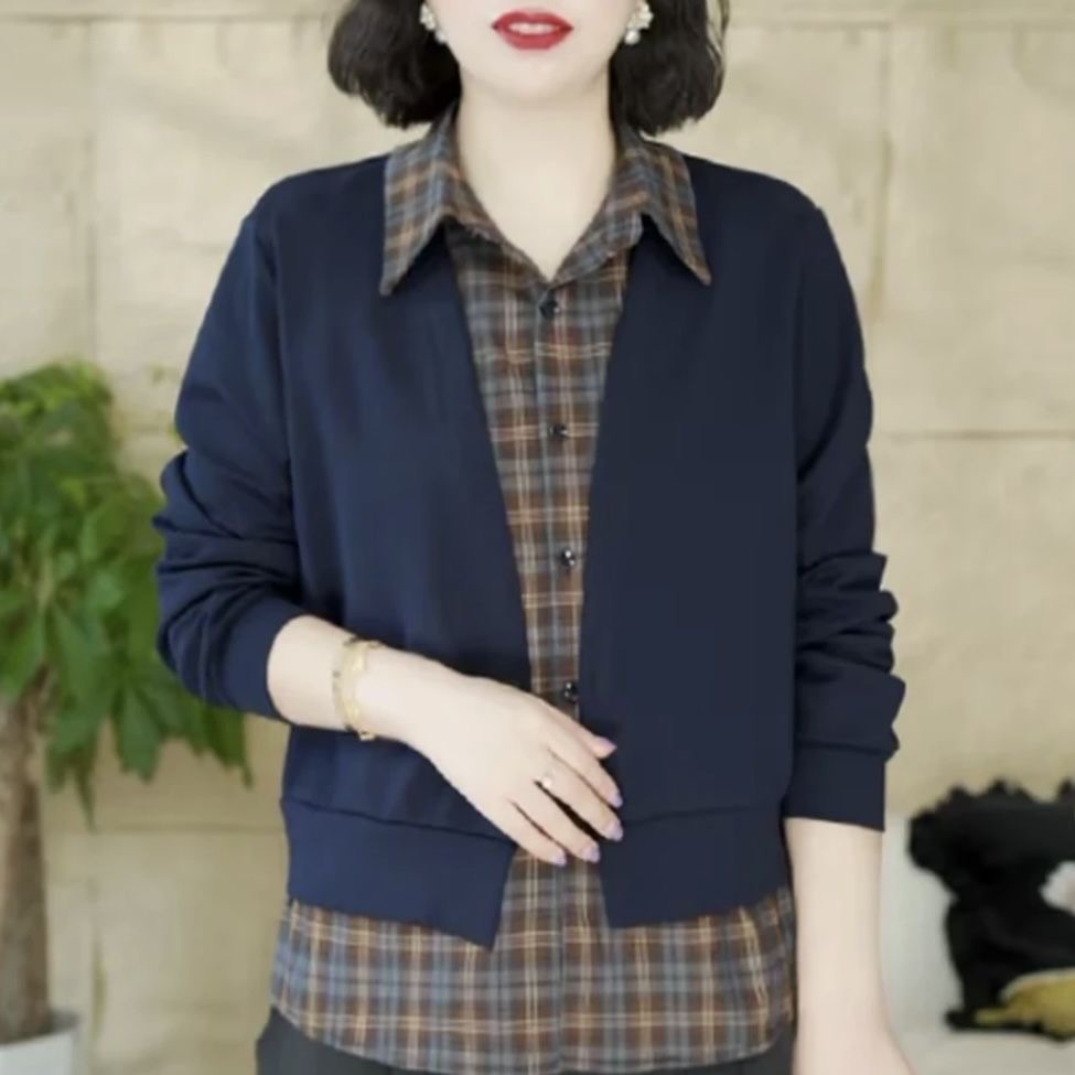 2025秋季新品时尚显瘦假两件衬衫设计感减龄拼接格子长袖妈妈上衣