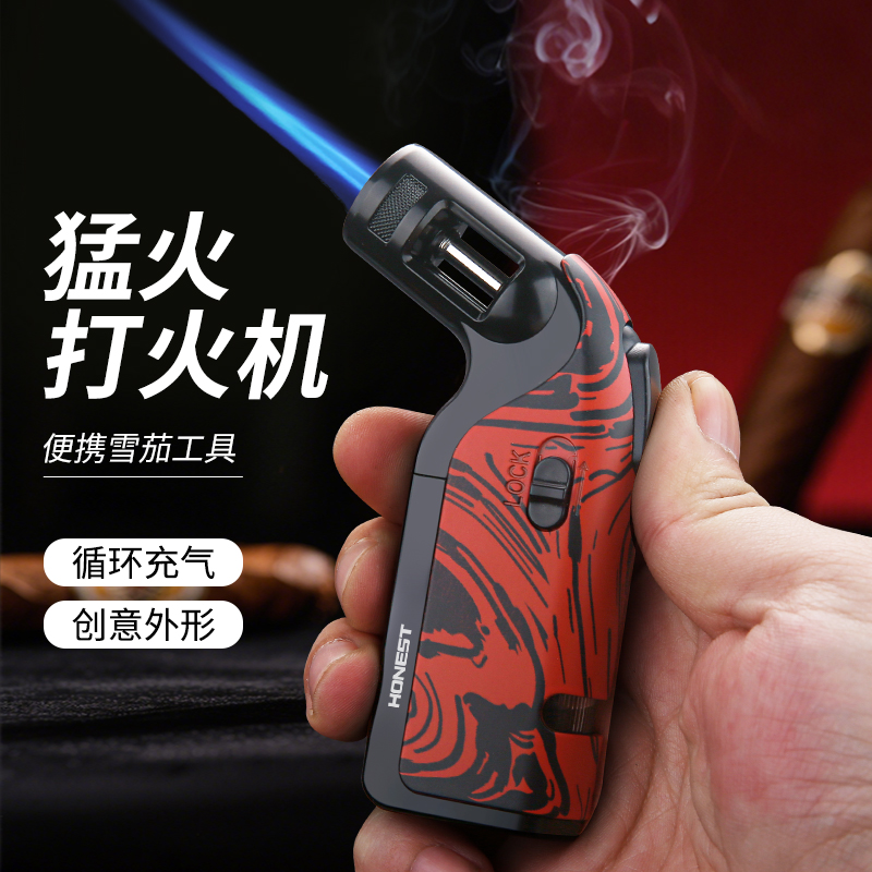 百诚单直冲聚火蓝焰防风可充气大火力雪茄打火机点艾炙打火器
