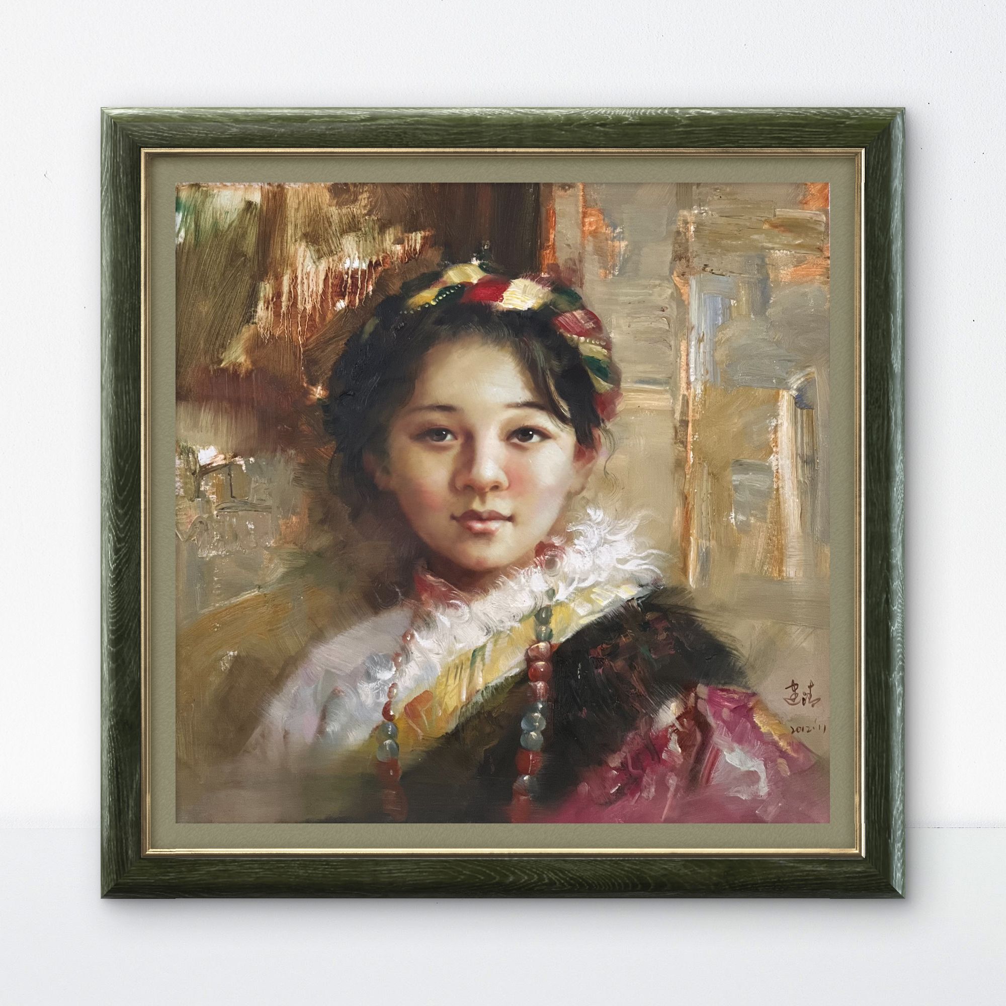 手绘油画 《赤衣孩童的澄澈望向》油画收藏  画心尺寸70x70cm