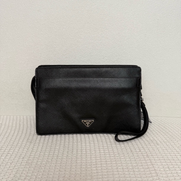 99新 Prada/普拉达 5292/男士时尚百搭黑色全皮双层手拿包