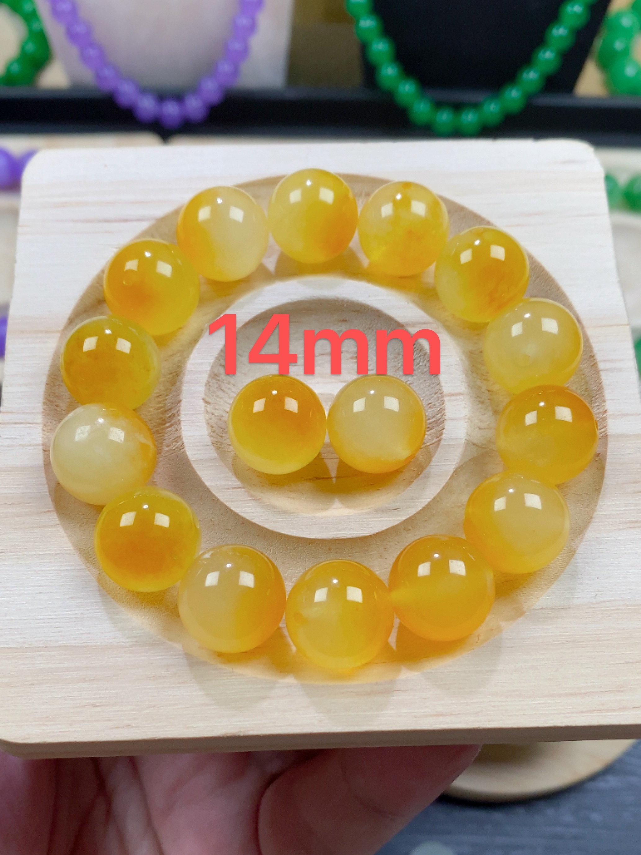 卡14MM缅翠矿口缅A冰糖黄鸡飘油黄珠串高货