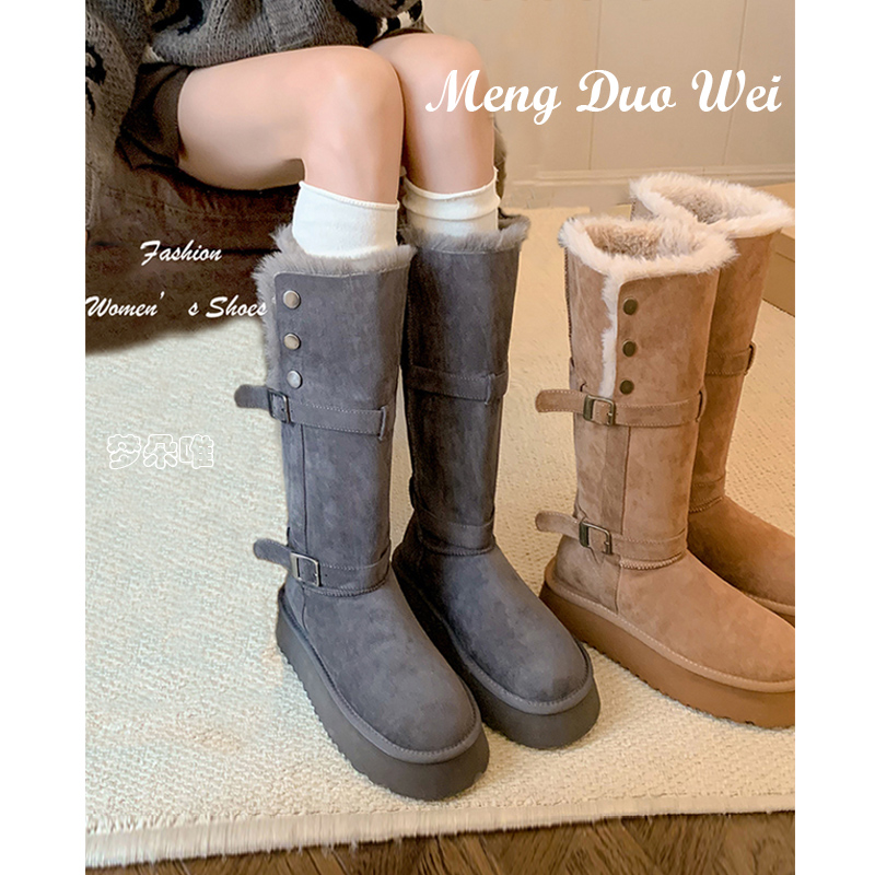 扣带雪地靴厚底新款增高雪地靴子女高筒雪地棉靴长筒靴冬保暖加厚
