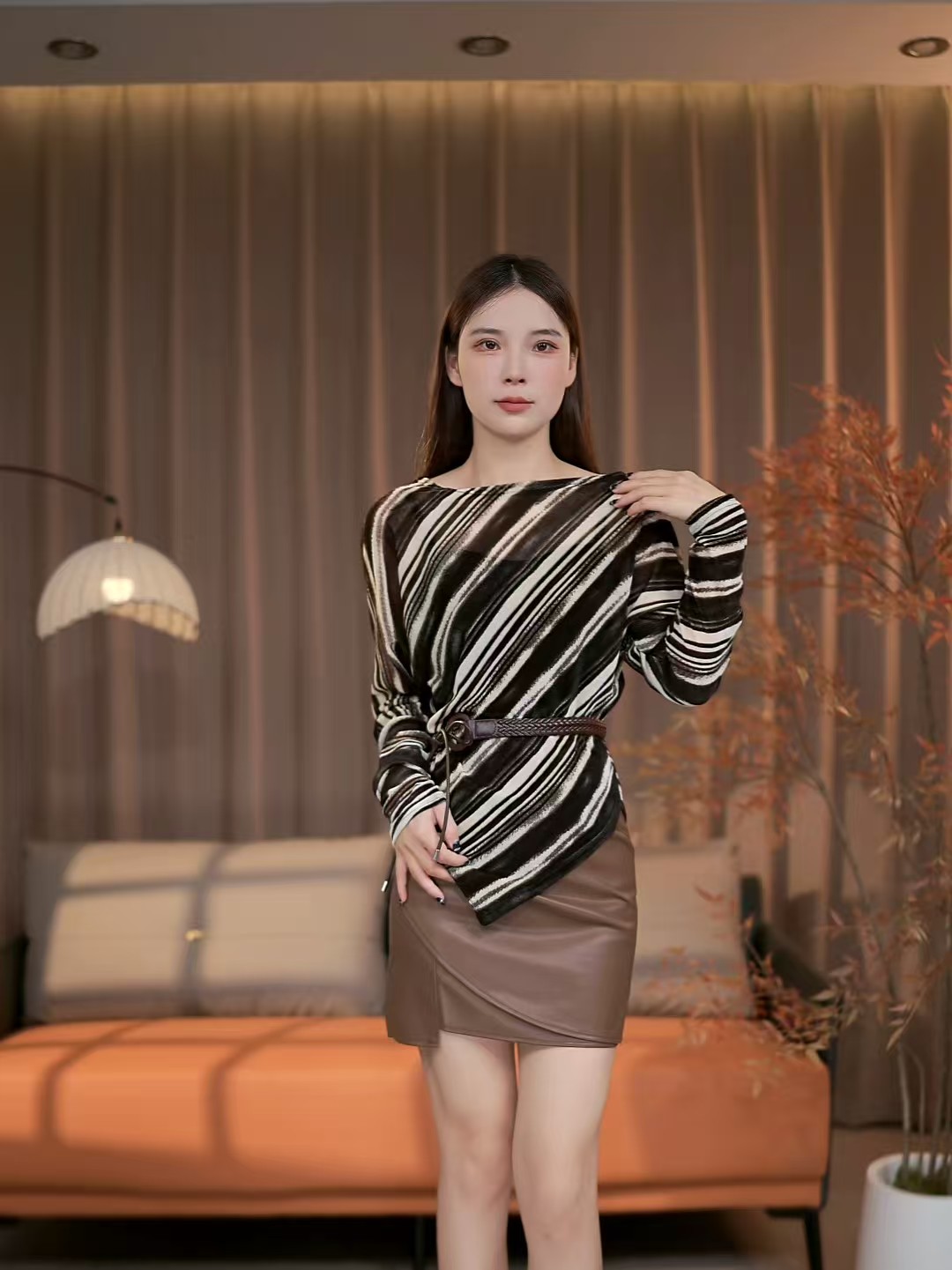 秋季一字肩法式条纹长款长袖套头打底女士拼接显瘦百搭女装上衣