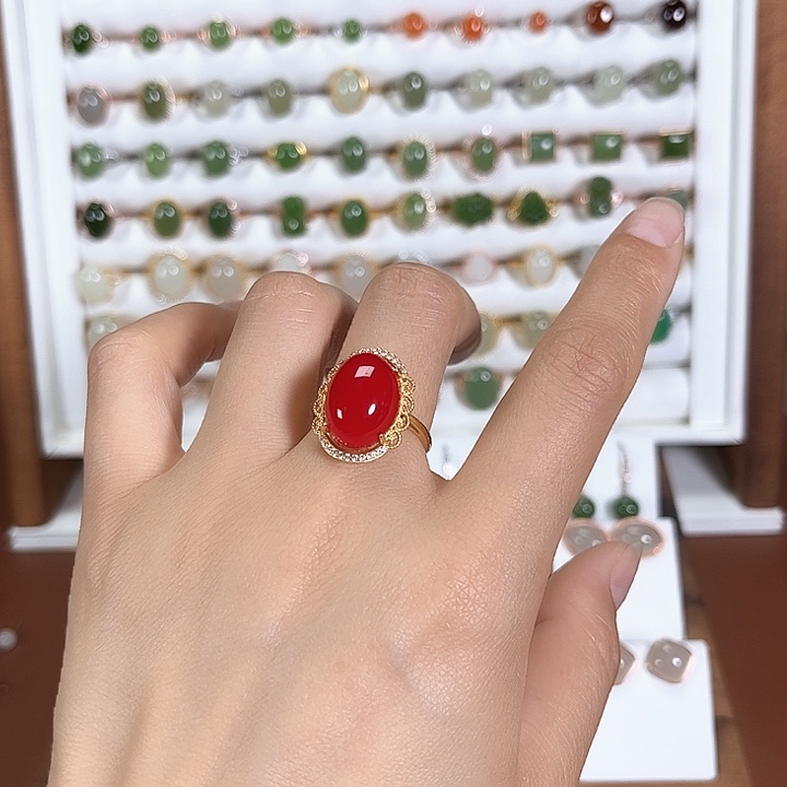 和田玉戒指银S925镀金镶嵌