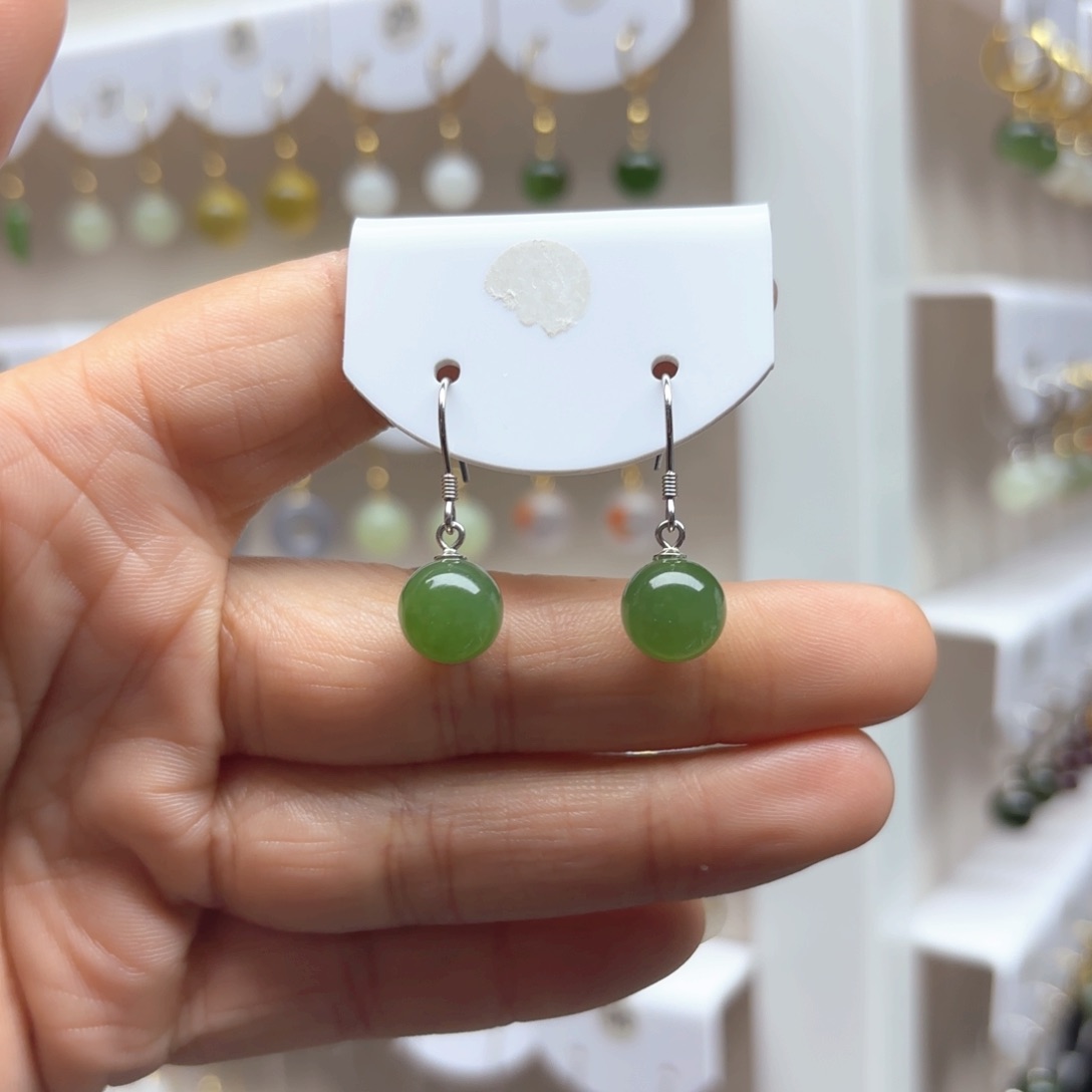 和田玉耳饰银S925镶嵌放漏款