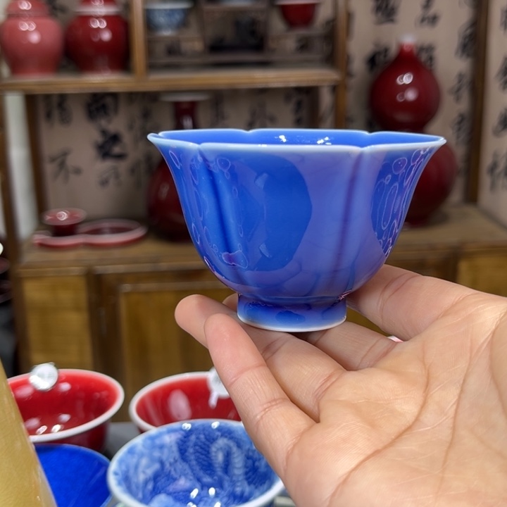 景德镇陶瓷浅行窑黛蓝玉兰杯