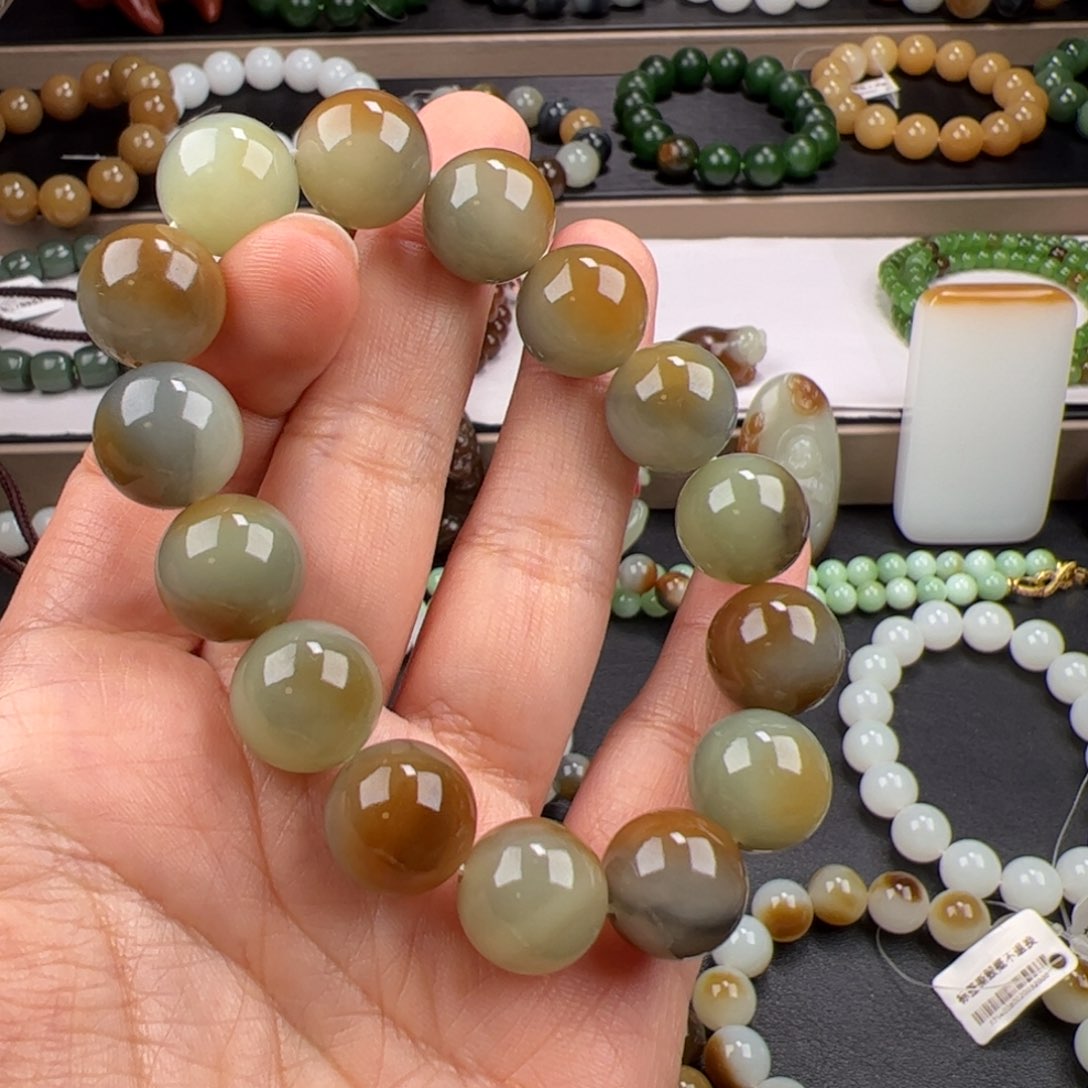 和田玉手链未镶嵌颗颗三色楼兰14