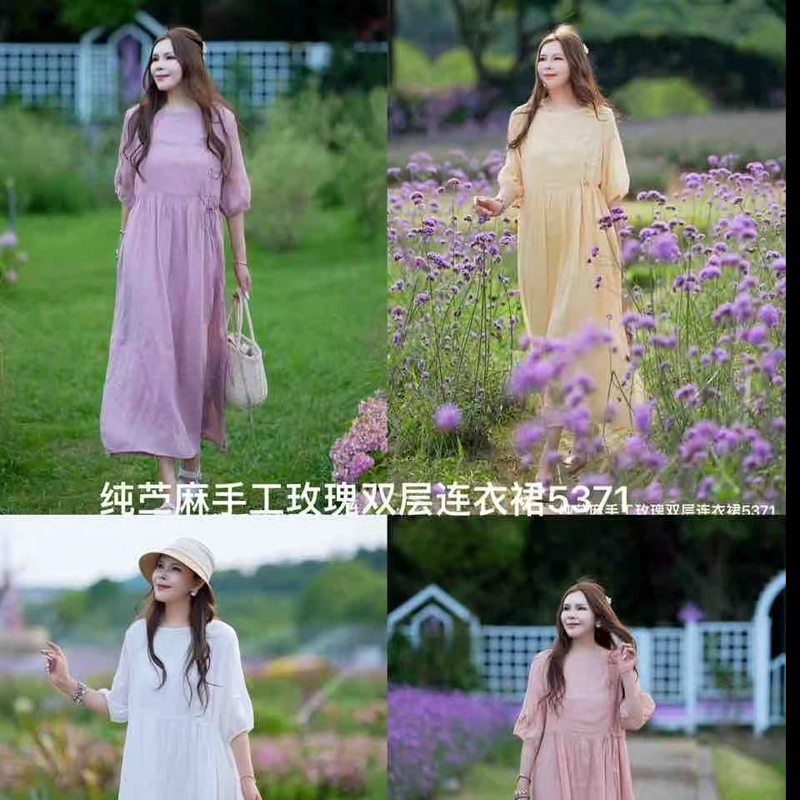 【一枝独秀】苎麻玫瑰花圆领系腰带一体式内衬高端连衣裙XL 5371