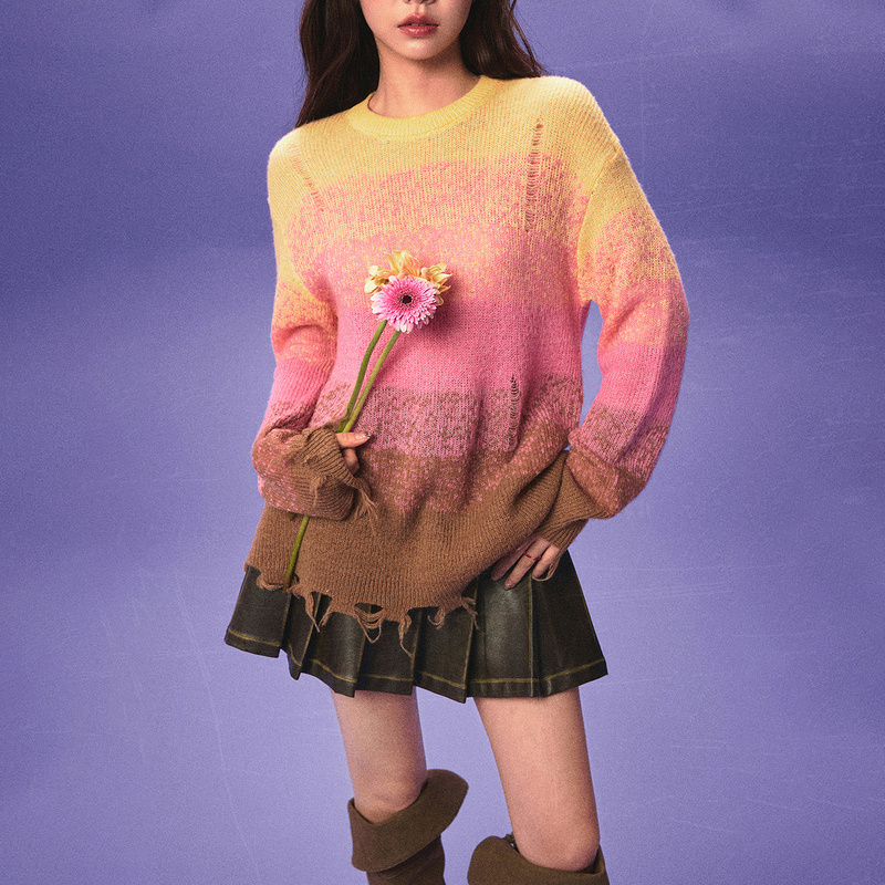 【陈嘉尔专属】CHUU刺绣蝴蝶结撞色条纹套头慵懒风显瘦针织衫-Q