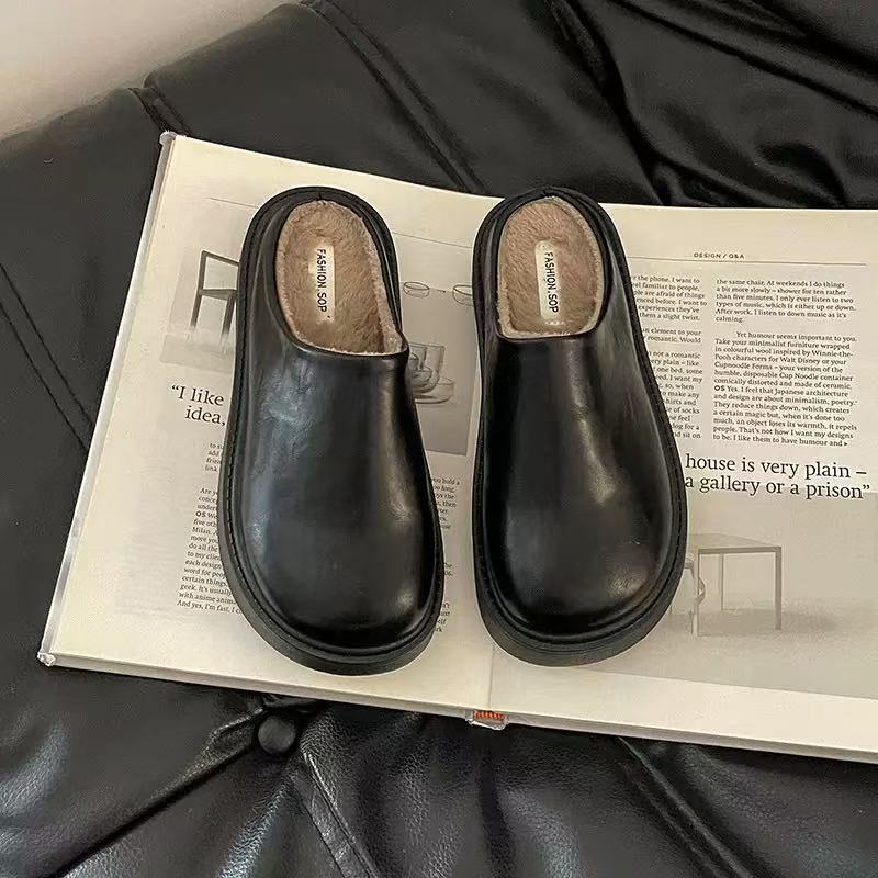【灰灰穿搭】厚底增高勃肯鞋女包头半拖鞋外穿加绒毛毛棉拖（C106）