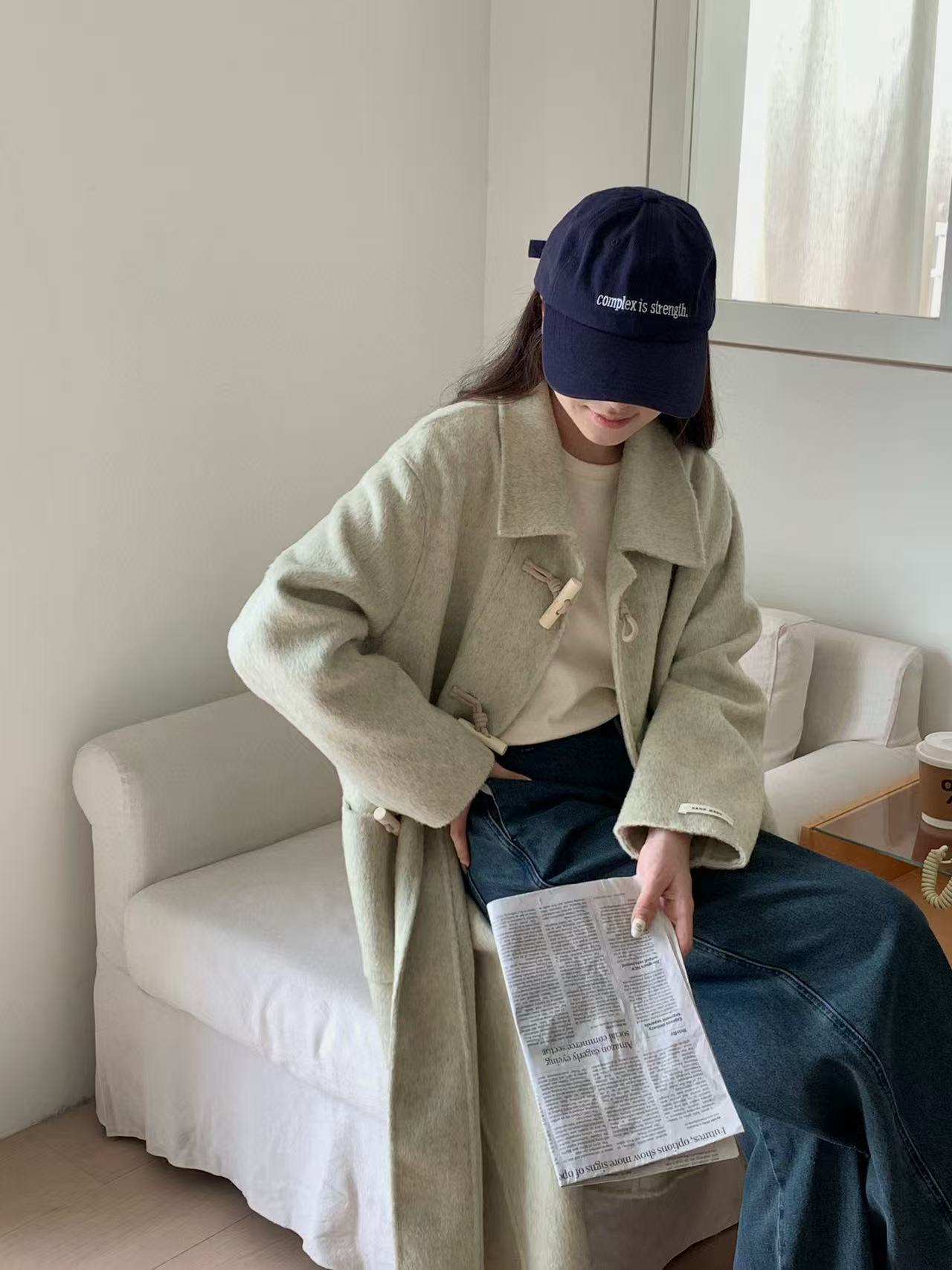 纯色翻领保暖少女风木桶扣毛呢外套中长款秋季ins大衣