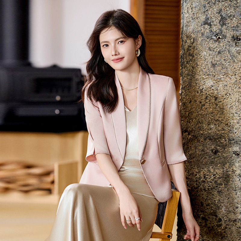 中袖粉色小西装外套女2025新款春夏季设计感小众连衣裙西服套装ol