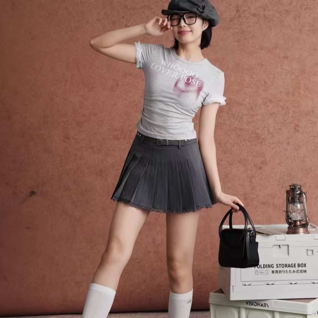 【Z】 530/623121/125-31  美式复古正肩短袖T恤女收腰上衣