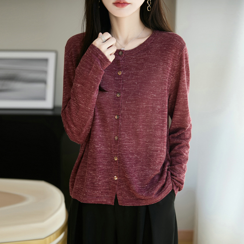 超细精纺薄款针织开衫女圆领彩麻小外套 秋季新款松毛衣外搭