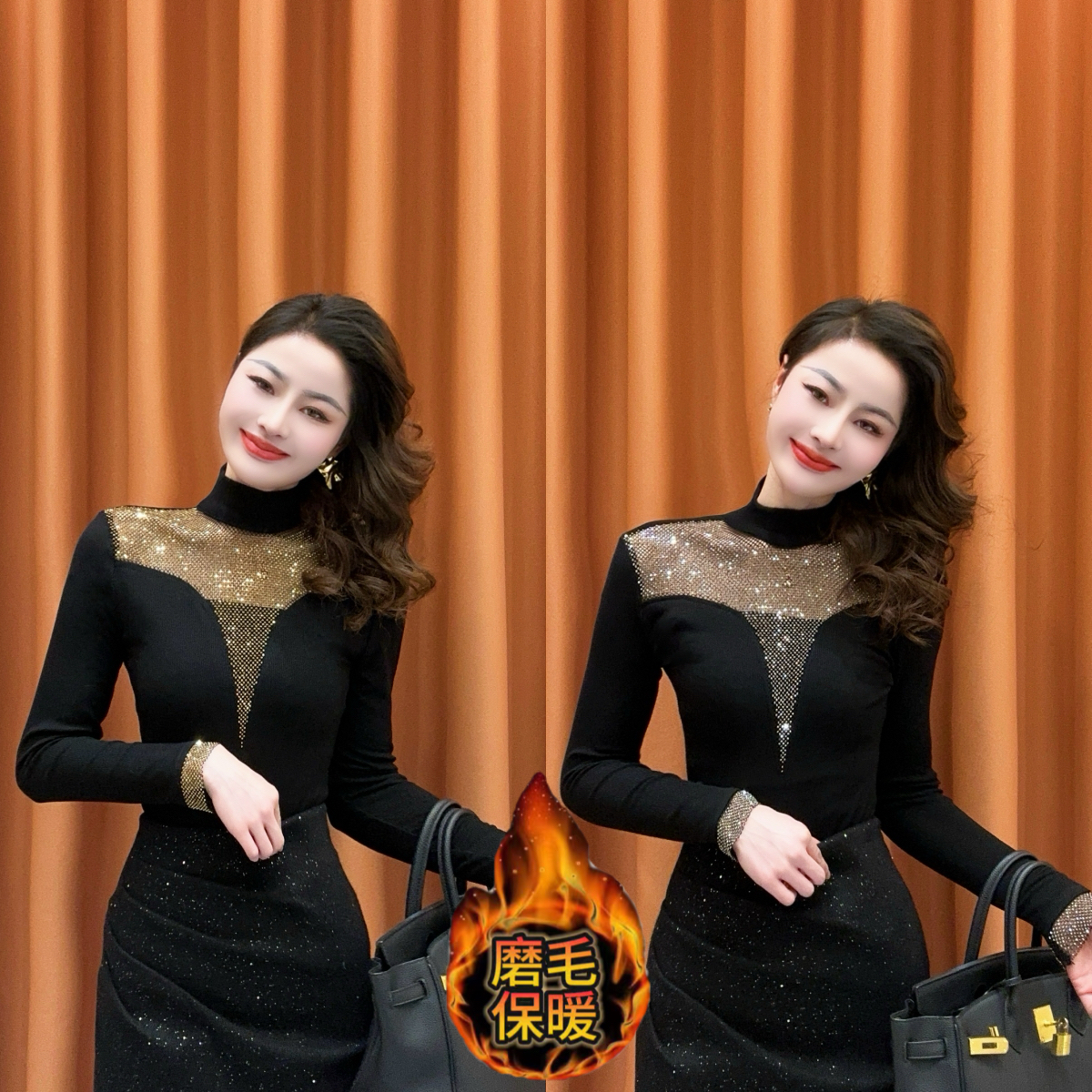 【巴黎万香】2025冬季新款设计感重工烫钻镂空修身显瘦时尚长袖上衣