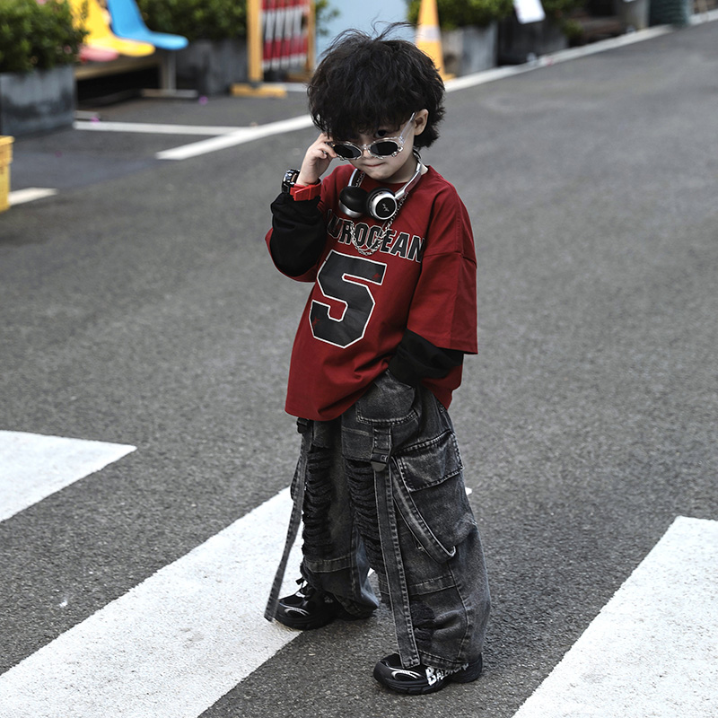 2025新款【假两件 T恤】春季新款儿童红色拼接黑袖子长袖T恤