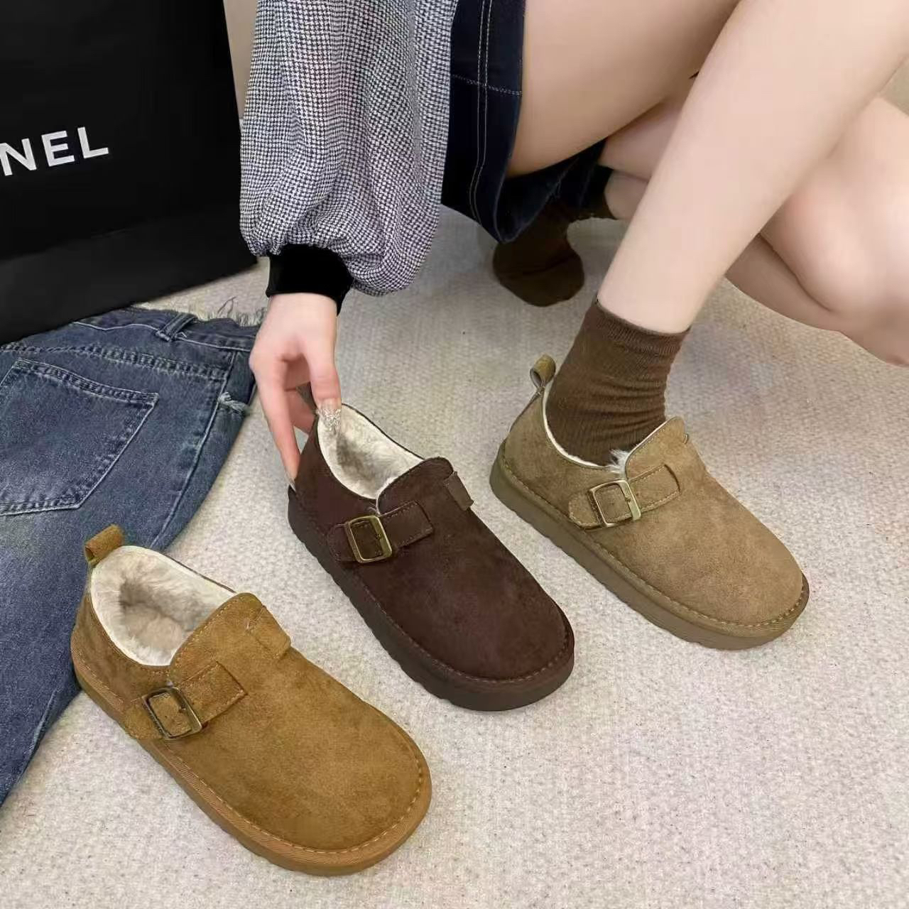 秋冬季厚底加绒勃肯鞋女2025年新款保暖毛毛豆豆鞋低帮棉鞋