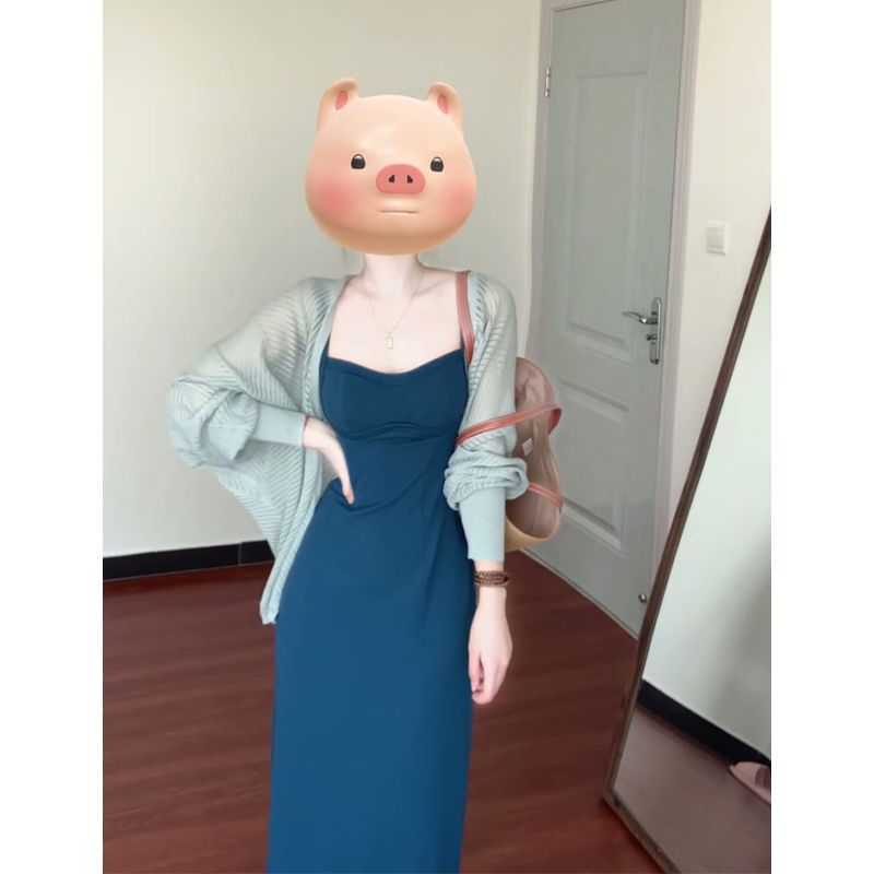 秋冬套装裙女法式气质宽松百搭长袖针织开衫收腰包臀吊带连衣裙