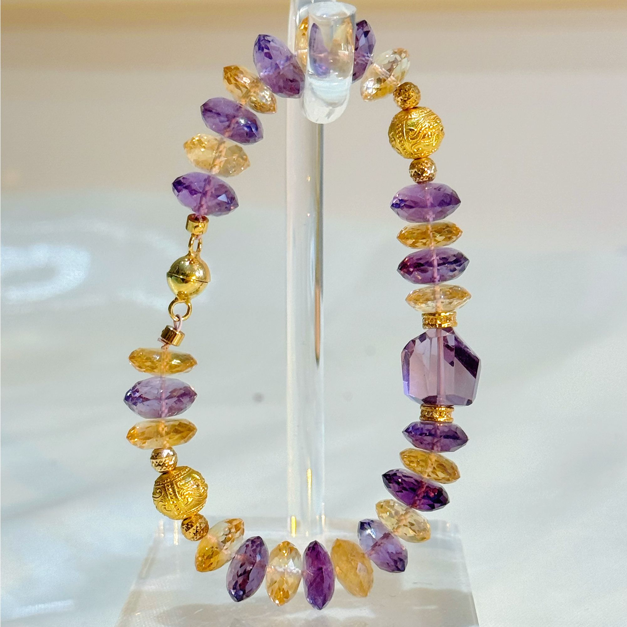 【破价-紫定有钱】高货紫水晶黄水晶飞碟珠手串 925银 多样性发一