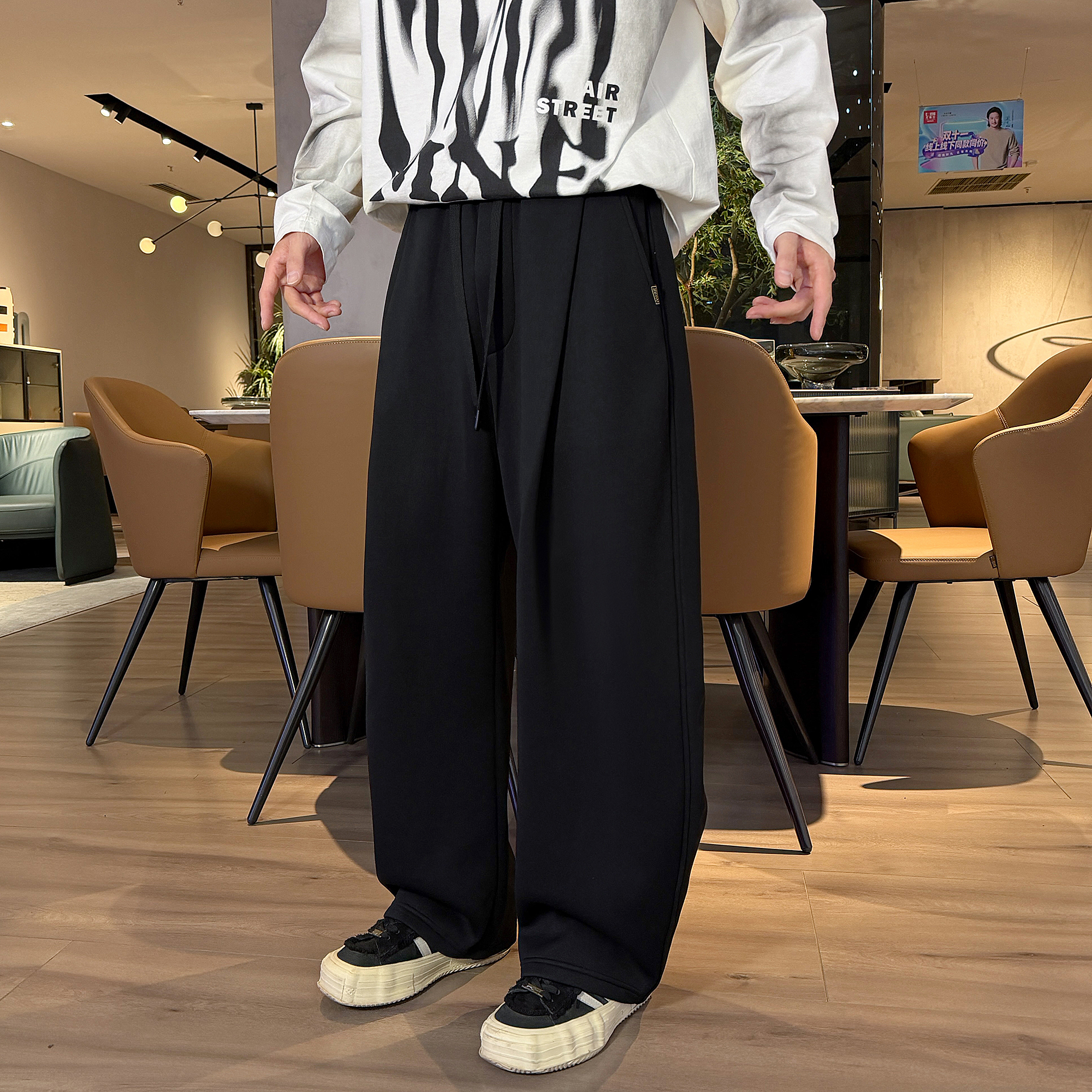 JDZ399宽松长裤子直筒裤男褶皱弯刀裤中腰秋冬季休闲裤韩版阔腿裤