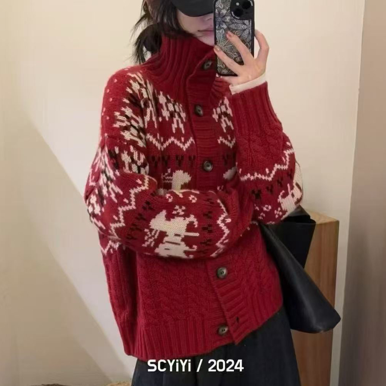 重磅星标 100%纯山羊绒翻领提花圣诞小鹿加厚宽松慵懒开衫外套女