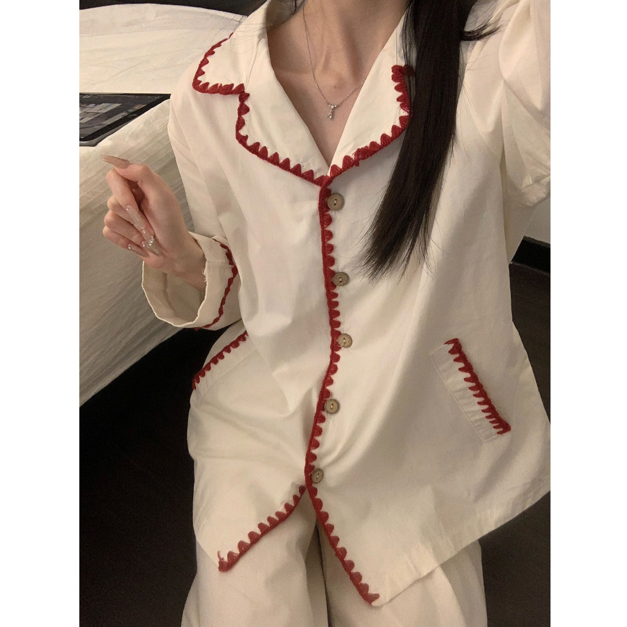 韩系简约纯色拼接长袖睡衣女夏款舒适宽松开衫长裤家居服套装外穿