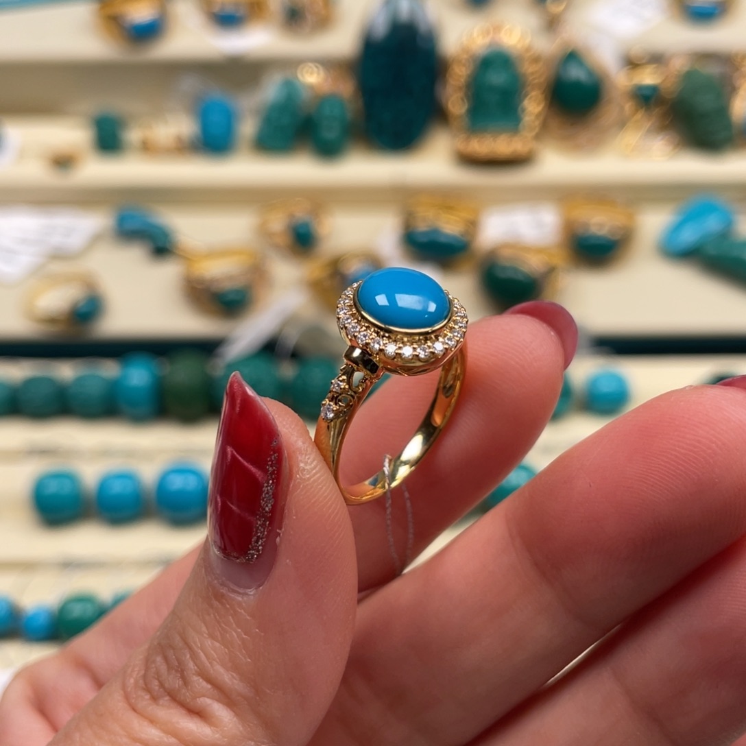 18K金镶嵌绿松石珠宝奇石戒指