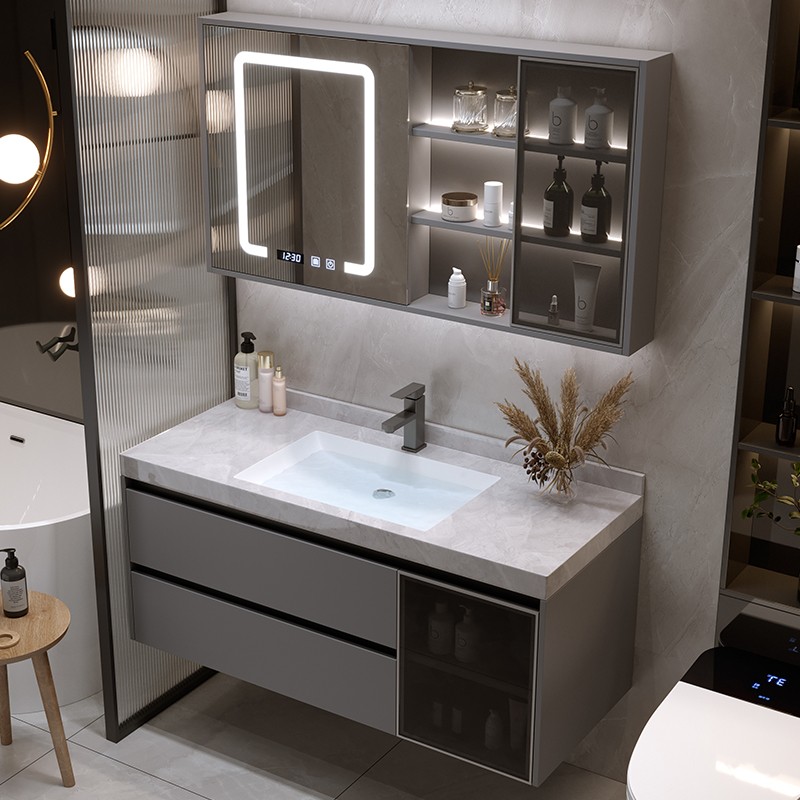 【岩板无缝陶瓷盆】简约现代浴室柜组合卫生间洗漱台洗手松弛感镜柜