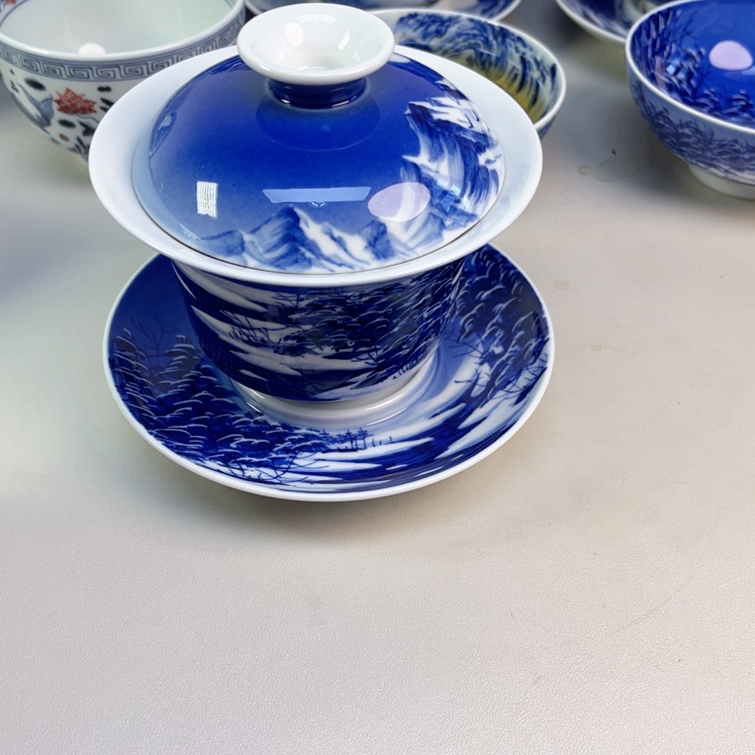 多***宝微瑕青才雪景三才盖碗