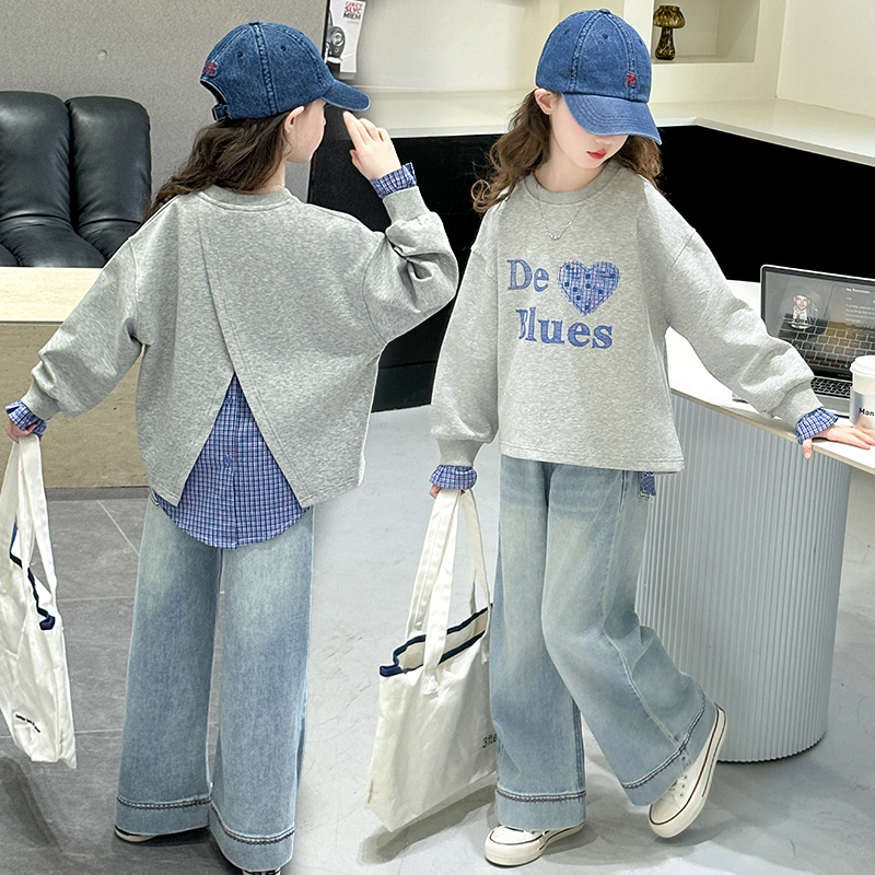 女童秋季新款中大童洋气时尚休闲韩版格子爱心卫衣牛仔裤两件套