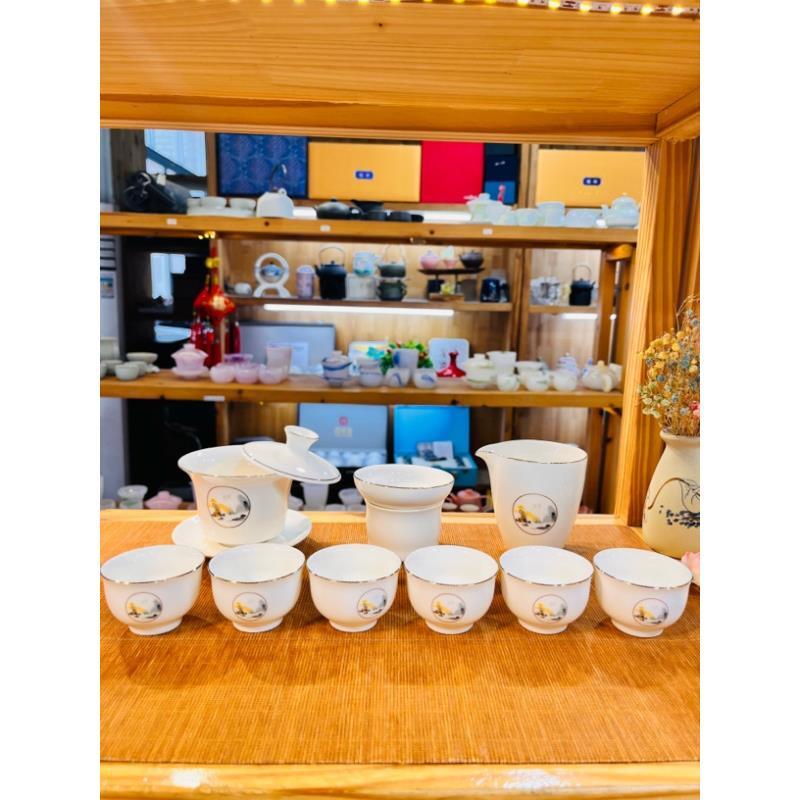 白瓷茶具松山盖碗10件套