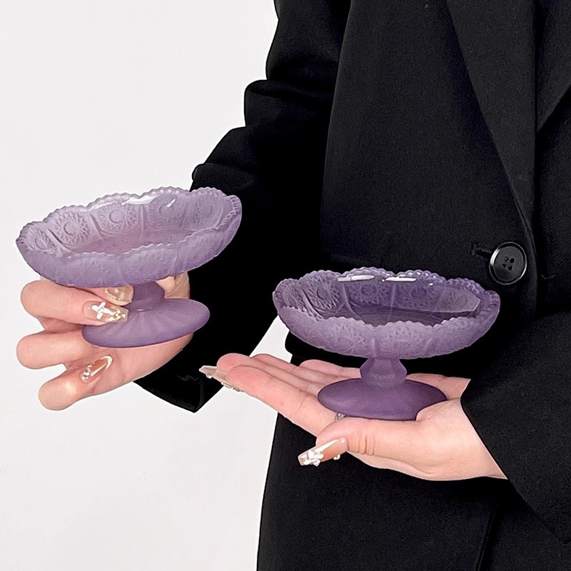  【墨池·茶器】磨砂紫玻璃高脚水果盘小号精致甜品点心零食盘A1011