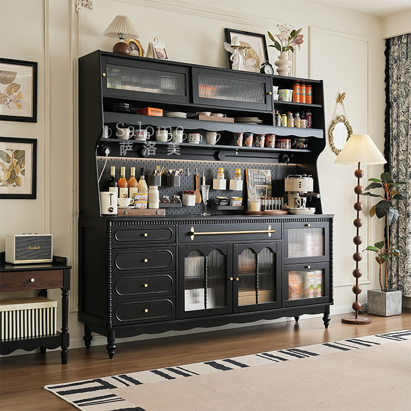 法式实木岩板餐边柜靠墙一体储物柜中古美式小户型客厅新型茶水柜