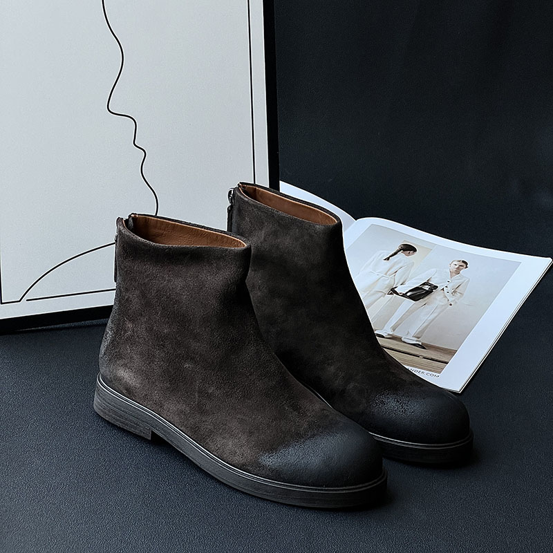 “美拉德”复古做旧擦色圆头牛反毛马丁真皮女靴舒适出游百搭鞋子