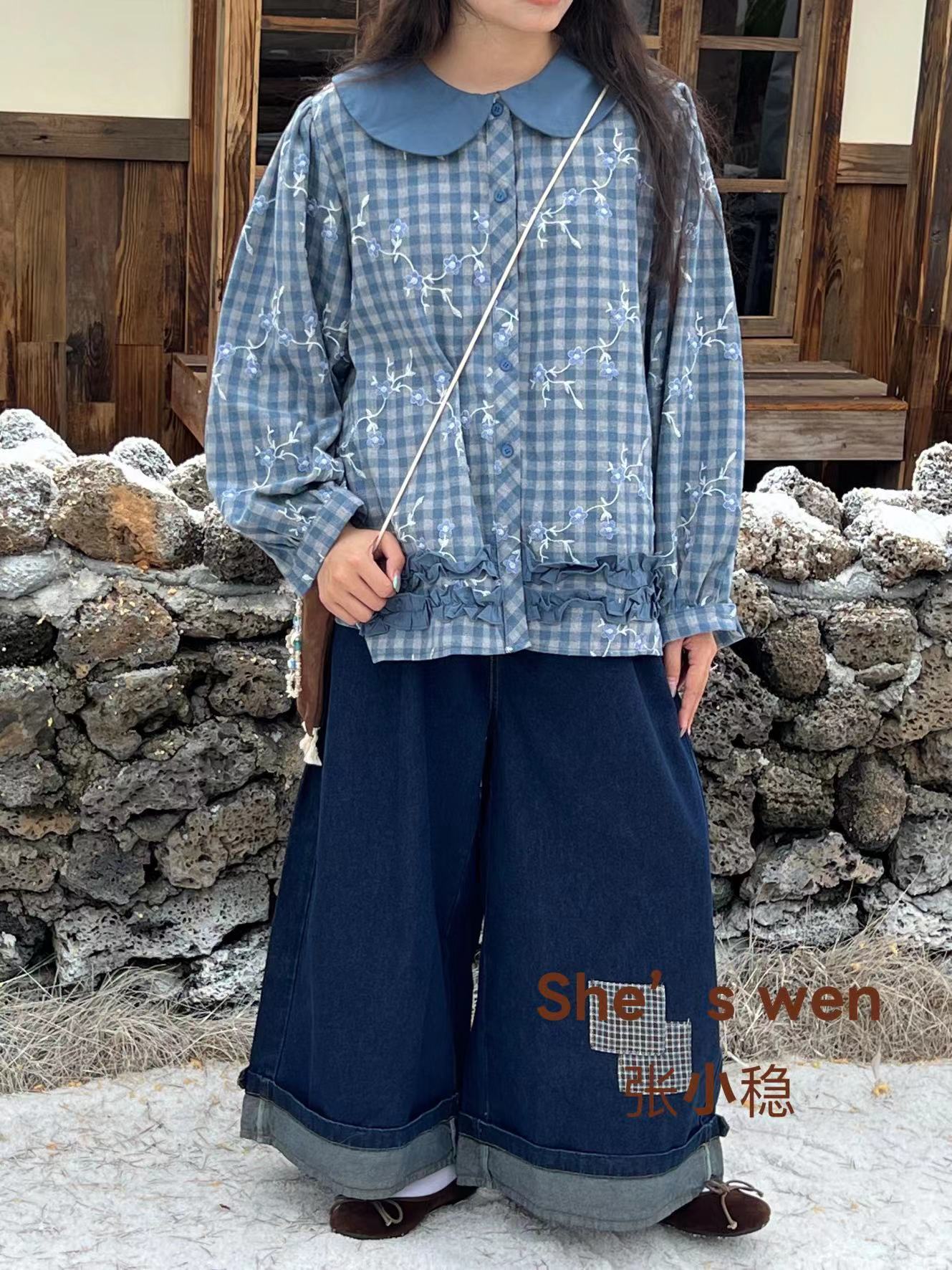 米多多 ZXW#3233#磨毛绣花格格衬衣 kc