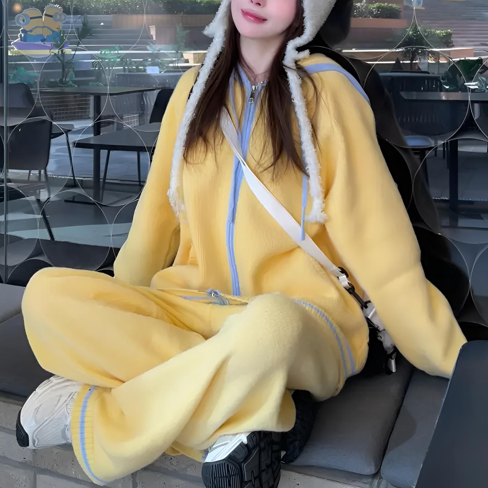 【重返校园】2025春季新款针织两件套韩版连帽宽松休闲风套装