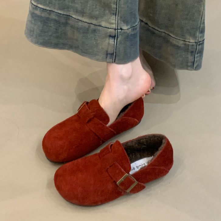 自留版！2025年冬季款森女文艺风复古磨砂百搭一脚蹬加绒勃肯棉鞋