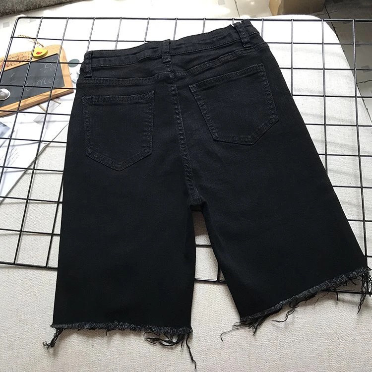 373黑色高腰紧身薄款牛仔短裤女夏季外穿修身显瘦毛边五分中裤