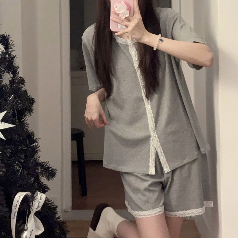 夏季螺纹彩棉短袖开衫女士睡衣家居服两件套甜美可爱舒适安心花边