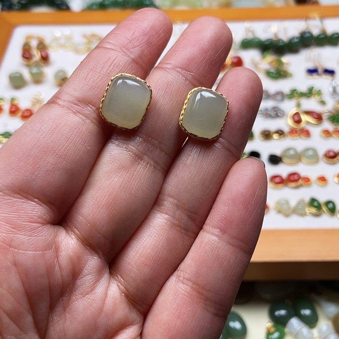 和田玉耳饰银S925镶嵌