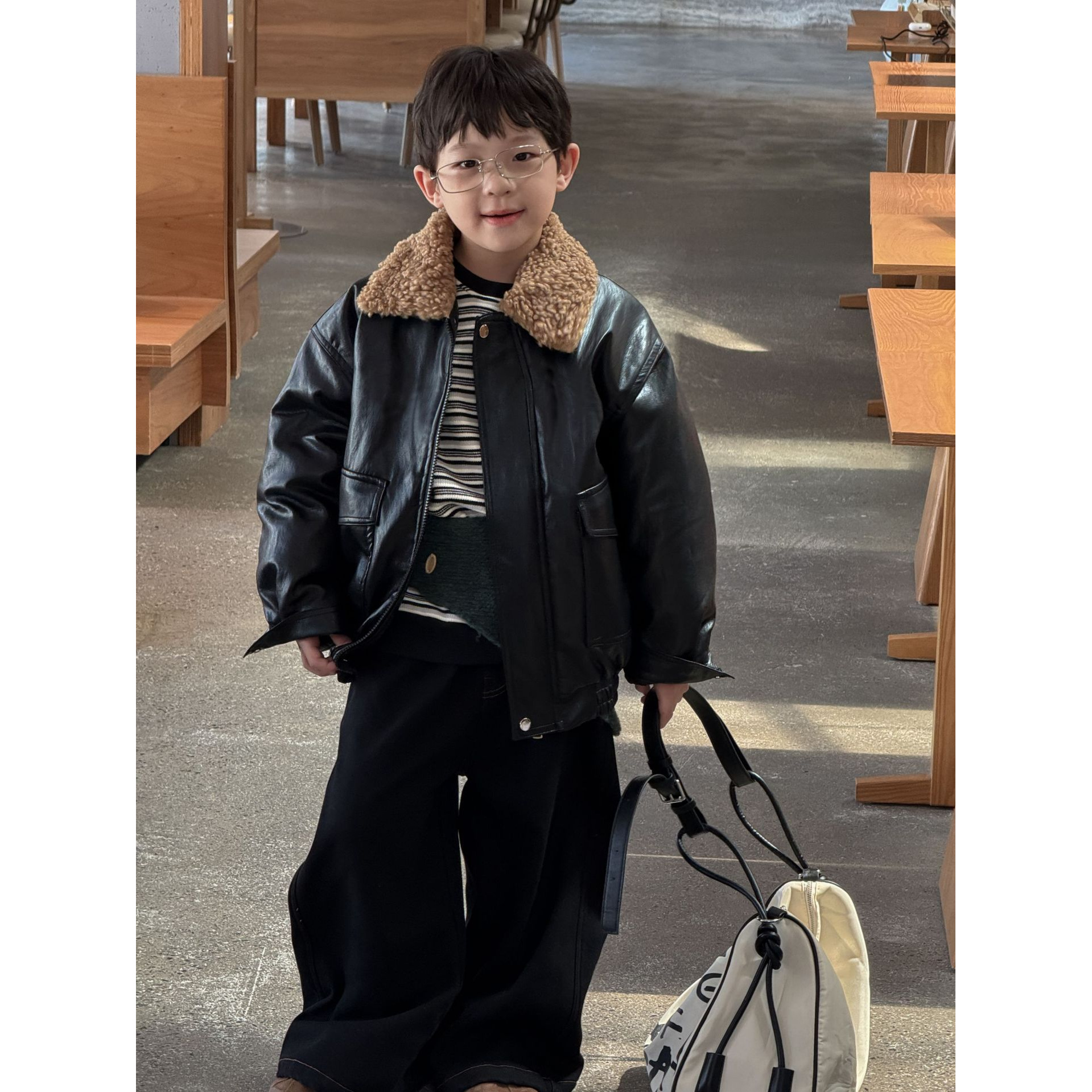 【Tang小白】25秋冬新品韩国童装男童加厚毛领黑色夹棉pu皮衣外套潮