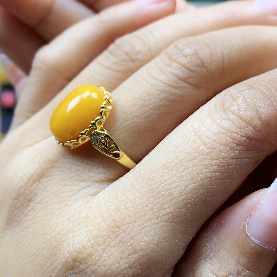 蜜蜡戒指银S925镶嵌戒指