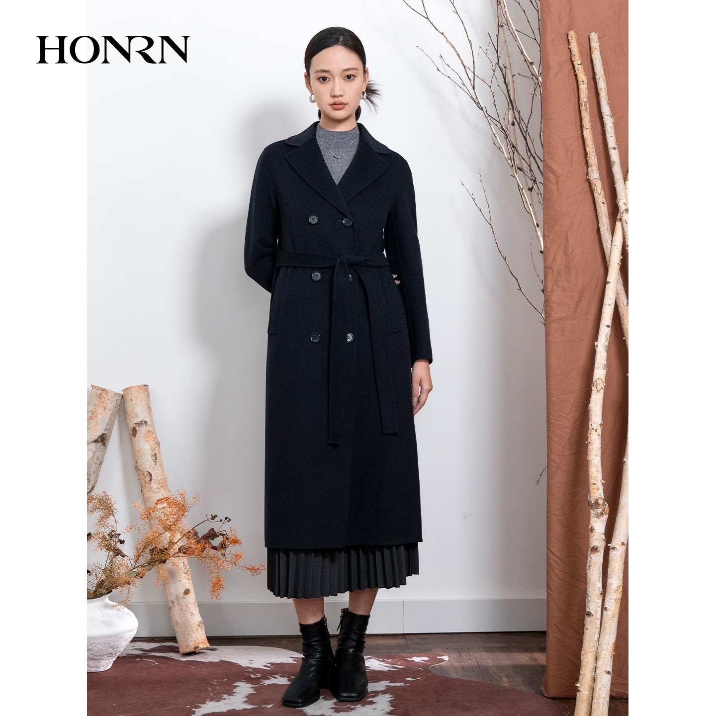 HONRN/红人系带显瘦羊毛呢大衣外套女秋冬HI55OD844