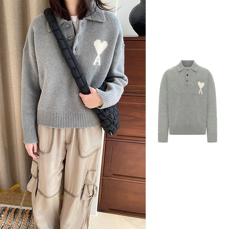 未使用 AMIPARIS 灰色爱心驼毛混纺宽松POLO衫 UPL408-KN0135-058
