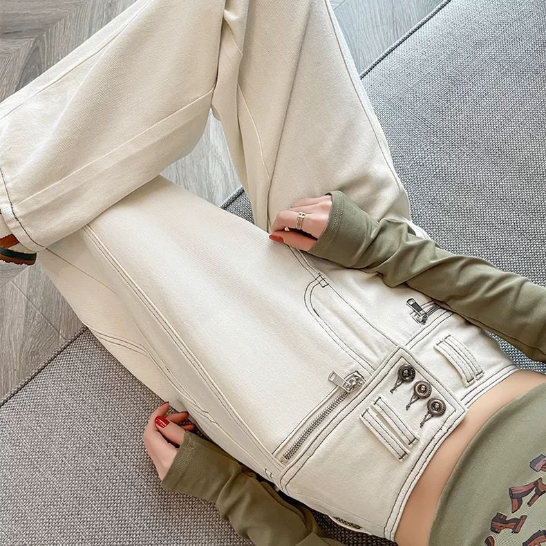 【微瑕】QH-A01浅色牛仔裤女宽松阔腿裤新款高腰不贴腿直筒拖地裤