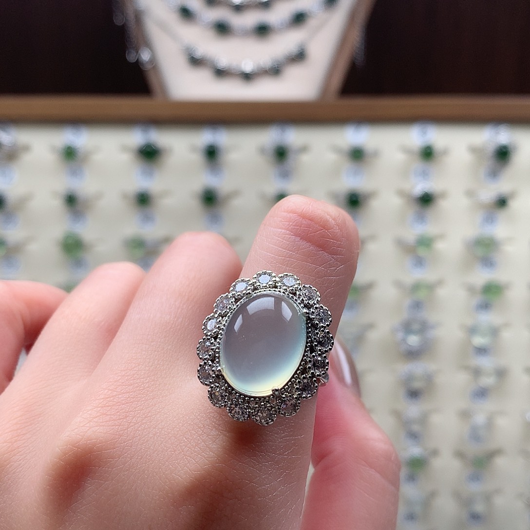 花****蛇纹石玉银S925镶嵌戒指