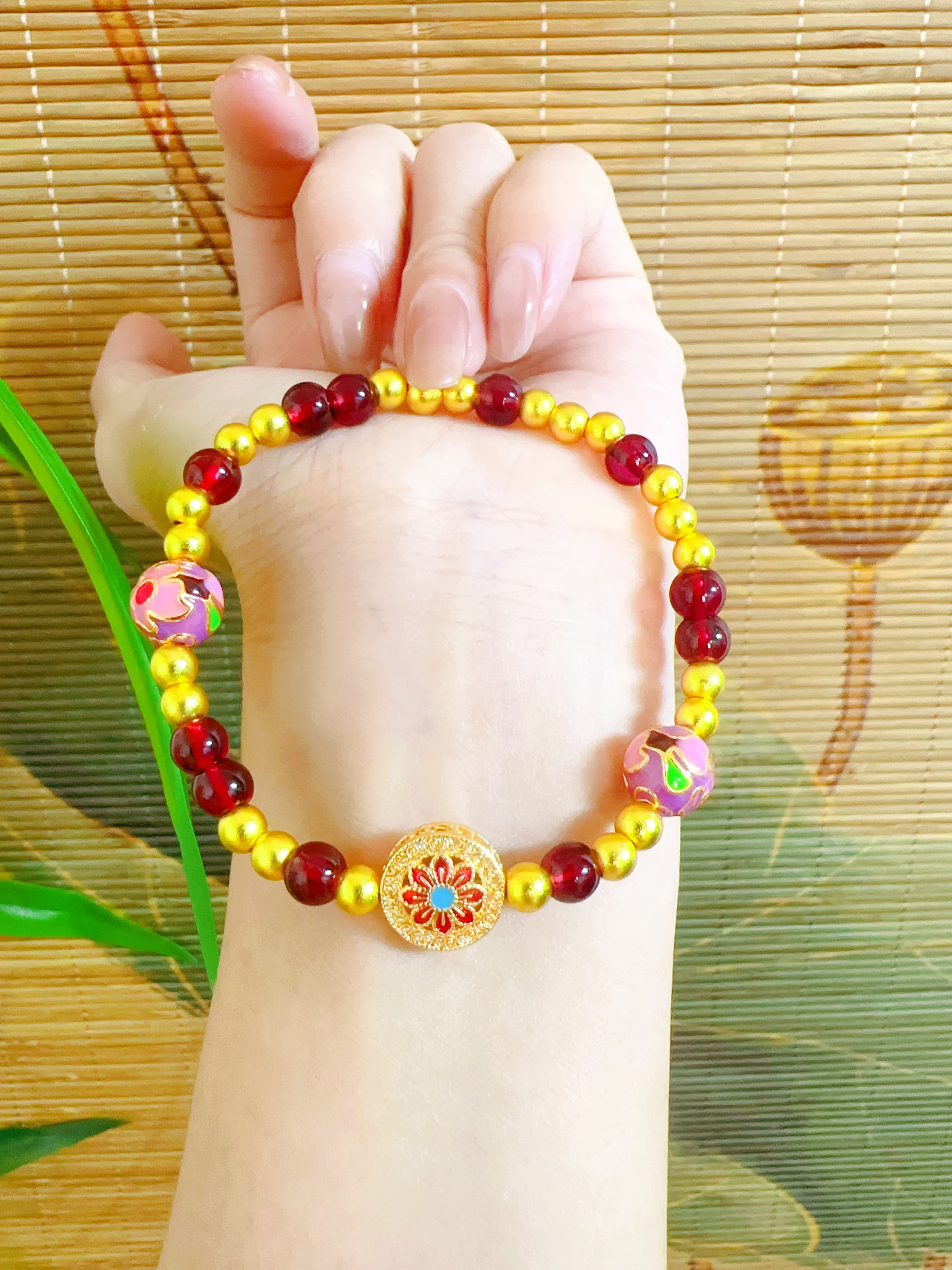 手链 古法精工红珠子莲花手链20238